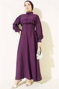 Half-Buttoned Belted Dress in Plum