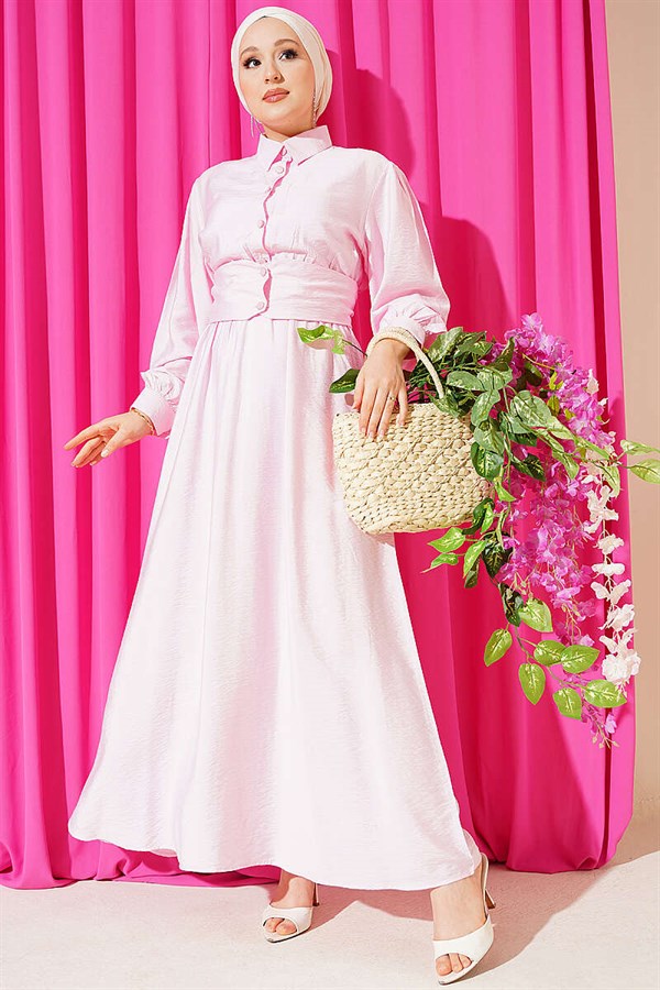 Half-Button Belted Dress Pink