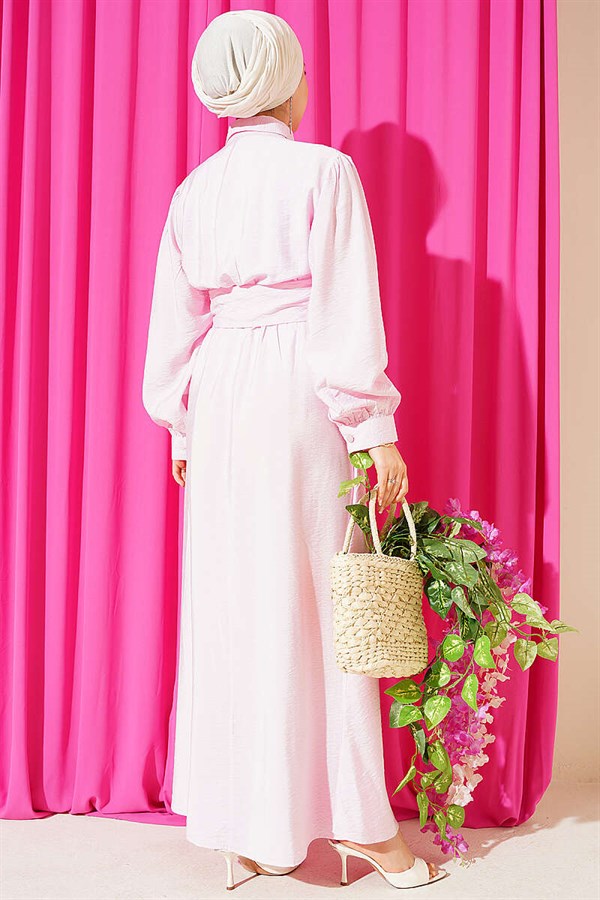 Half-Button Belted Dress Pink