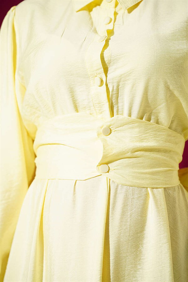 Half-Button Belted Dress, Yellow