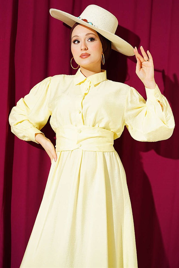 Half-Button Belted Dress, Yellow