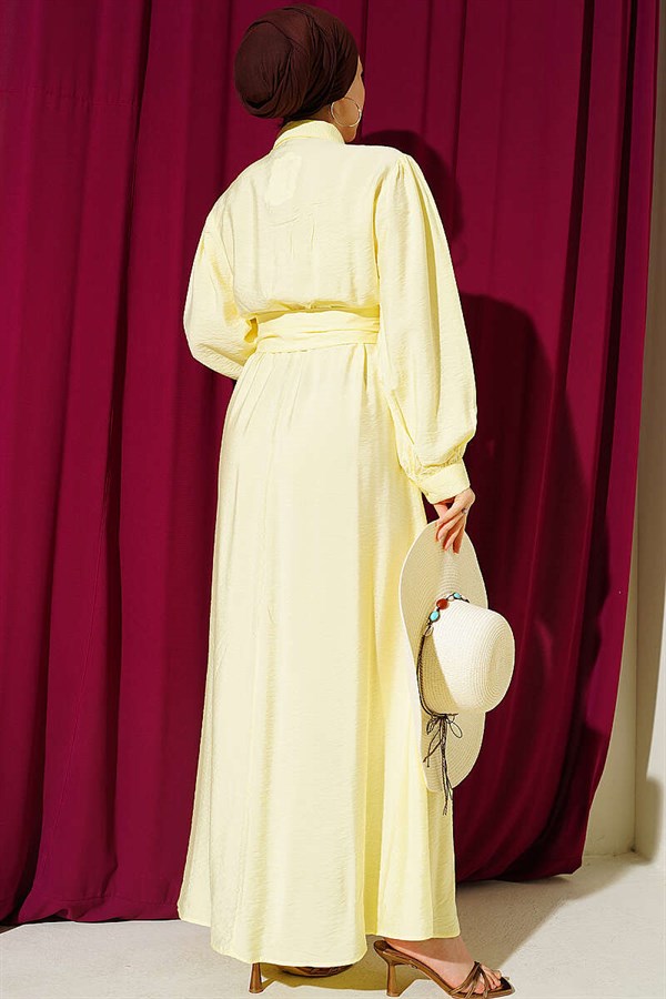 Half-Button Belted Dress, Yellow