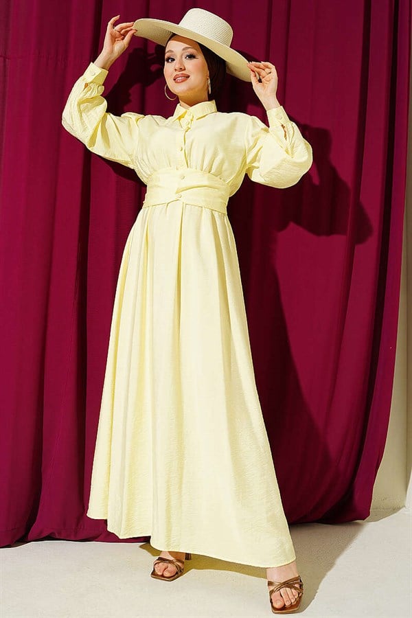 Half-Button Belted Dress, Yellow