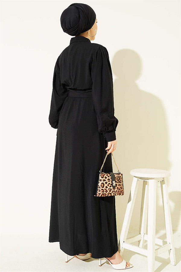 Half-Button Belted Dress, Black