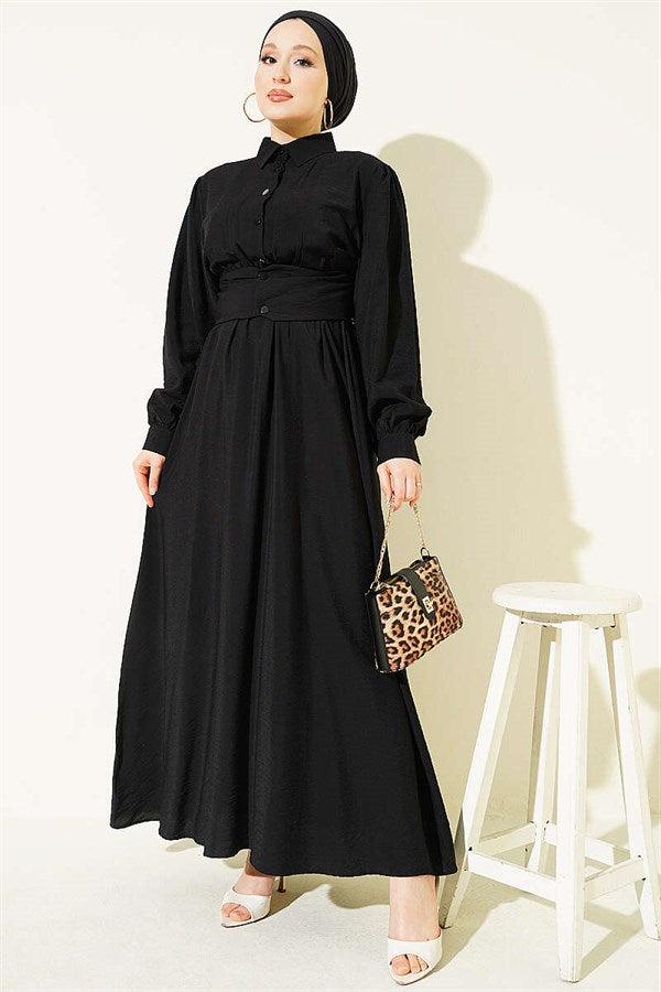 Half-Button Belted Dress, Black