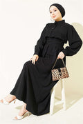 Half-Button Belted Dress, Black