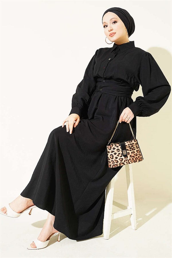 Half-Button Belted Dress, Black