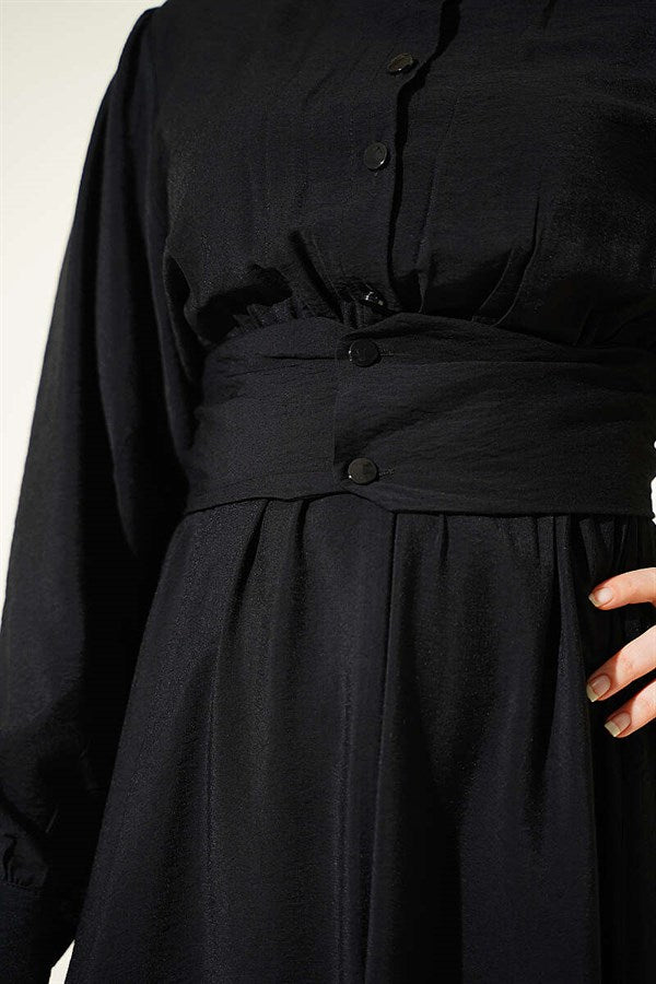 Half-Button Belted Dress, Black