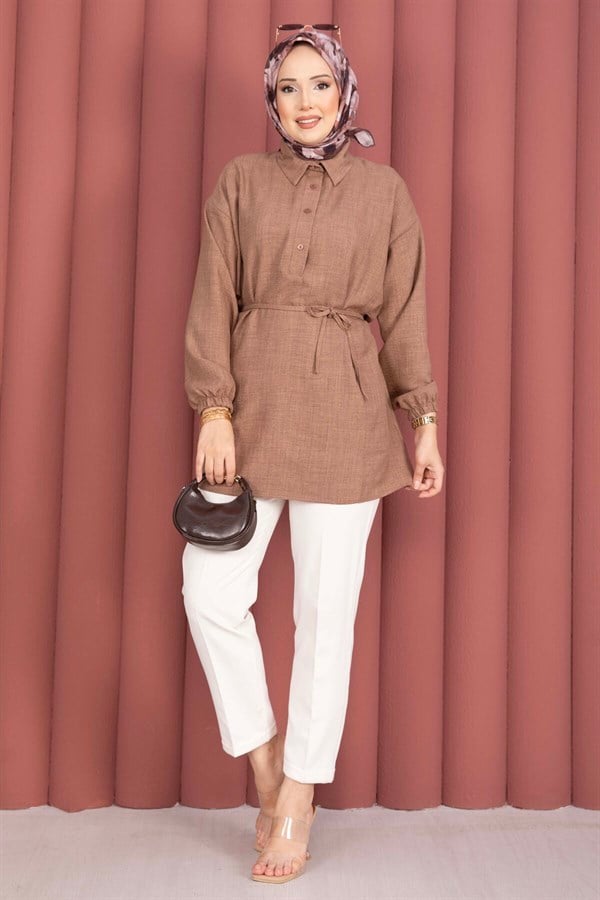 Half-Button Tunic with Belt, Brown