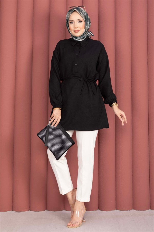 Half-Button Tunic with Belt, Black