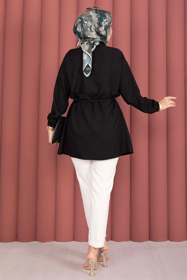 Half-Button Tunic with Belt, Black