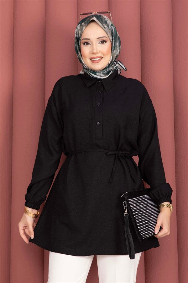 Half-Button Tunic with Belt, Black