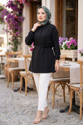 Half-Button Tunic with Belt, Black