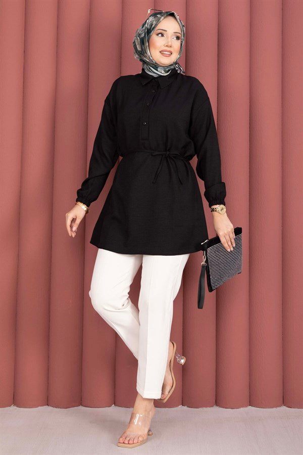 Half-Button Tunic with Belt, Black