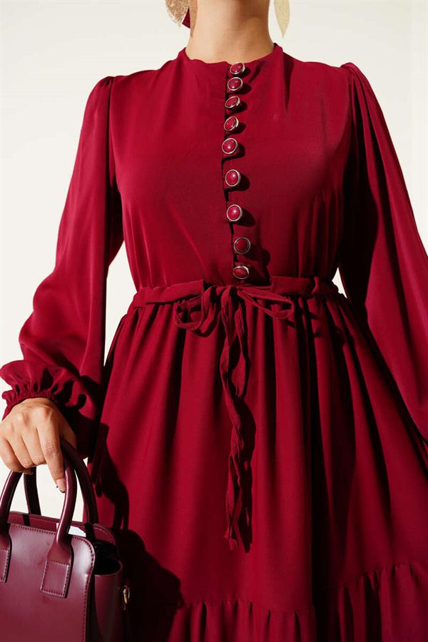 Half Buttoned Waist Tunnel Dress Burgundy