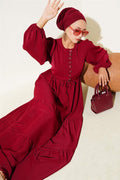 Half Buttoned Waist Tunnel Dress Burgundy