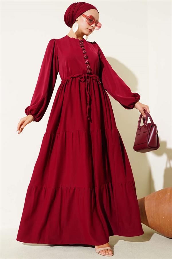 Half Buttoned Waist Tunnel Dress Burgundy