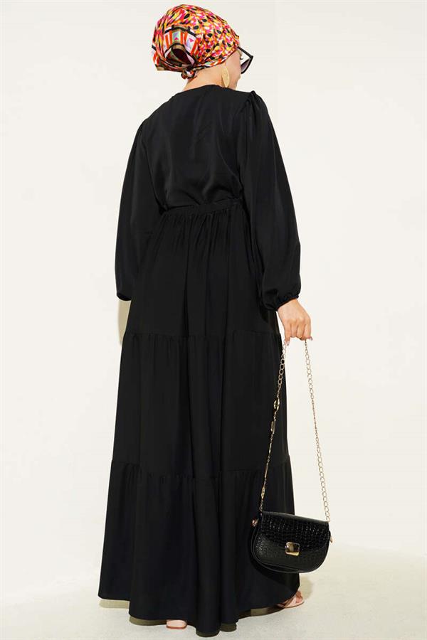 Half Buttoned Waist Tunnel Dress Black