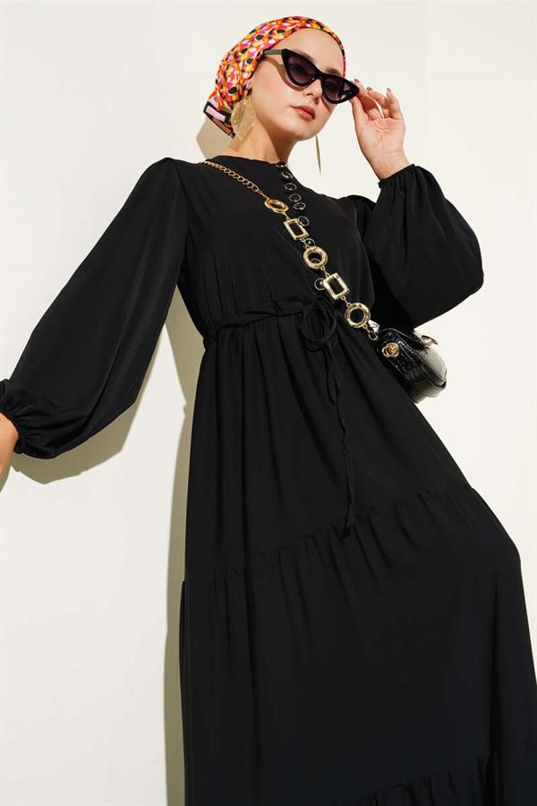 Half Buttoned Waist Tunnel Dress Black