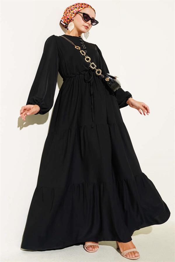 Half Buttoned Waist Tunnel Dress Black