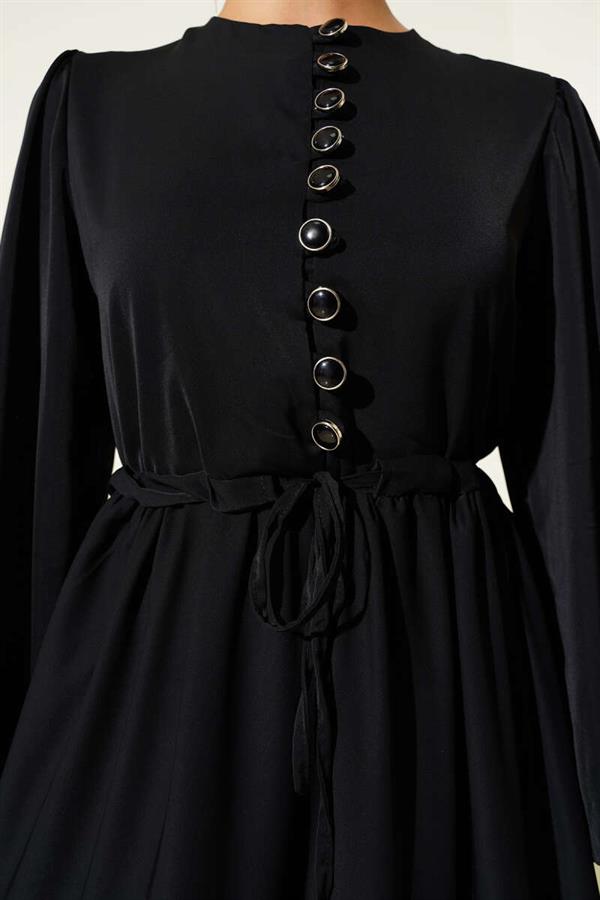 Half Buttoned Waist Tunnel Dress Black