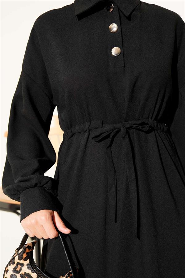 Half Buttoned Waist Tunnel Dress Black