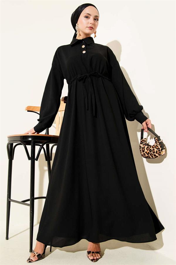 Half Buttoned Waist Tunnel Dress Black