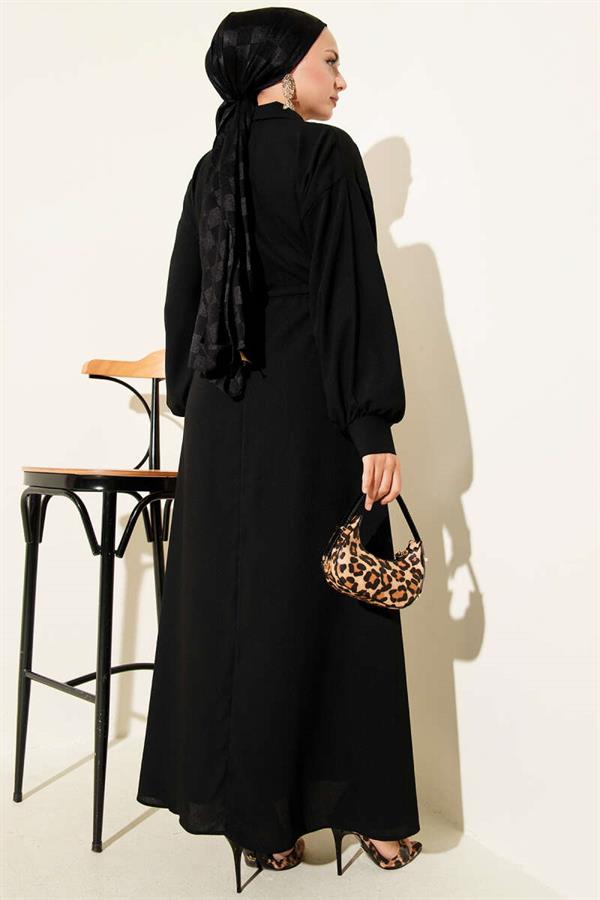 Half Buttoned Waist Tunnel Dress Black