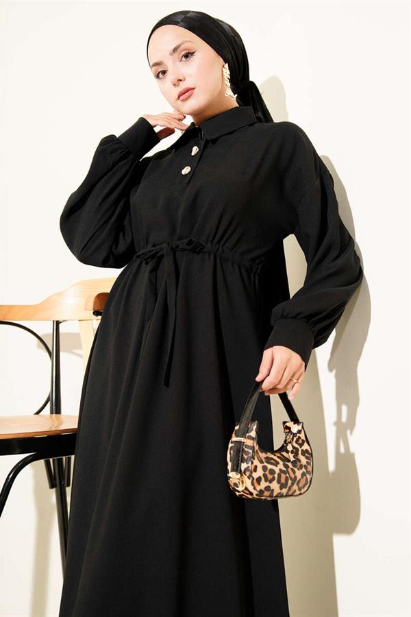 Half Buttoned Waist Tunnel Dress Black