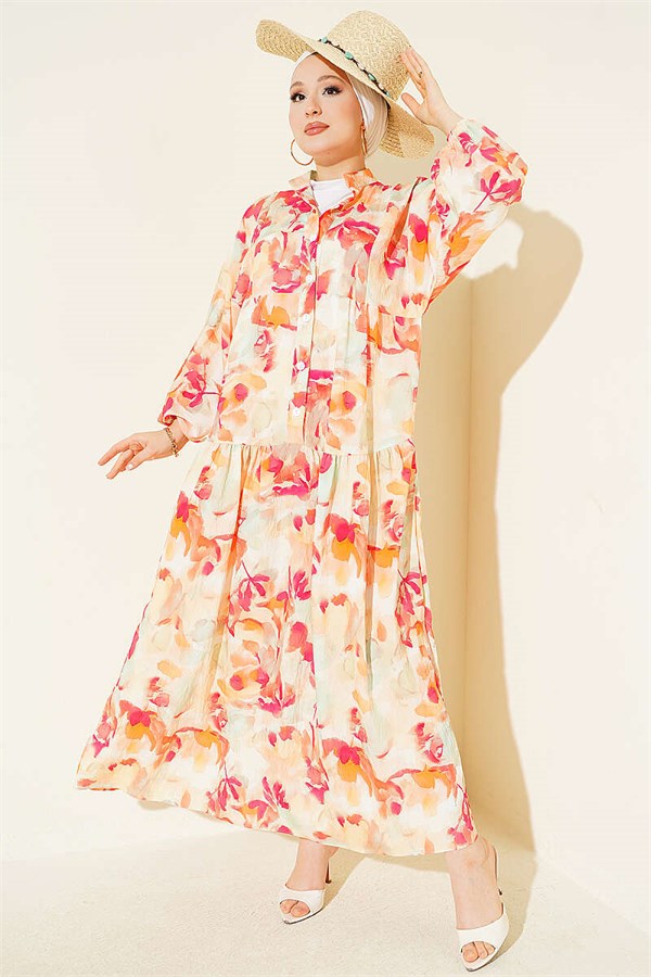 Half-Button Elasticated Ankle Dress, Fuchsia
