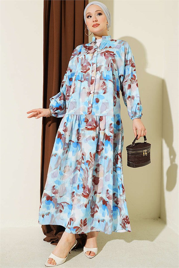Half-Button Elasticated Ankle Dress Blue