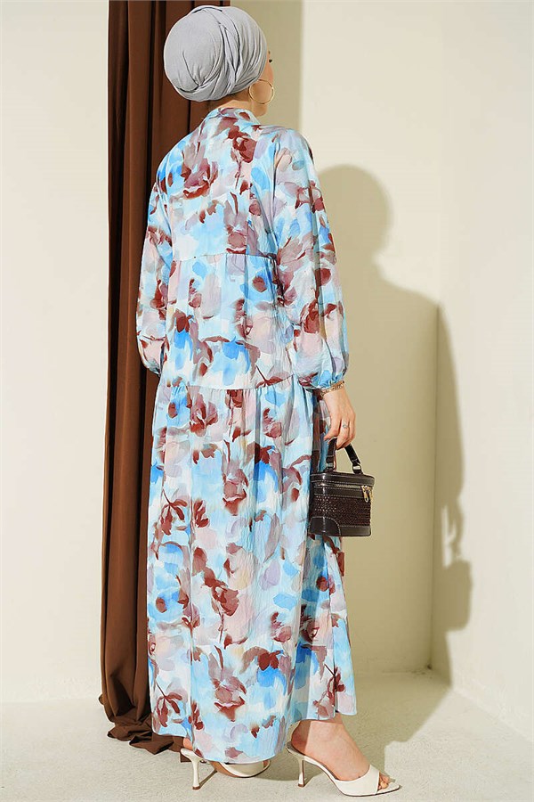 Half-Button Elasticated Ankle Dress Blue