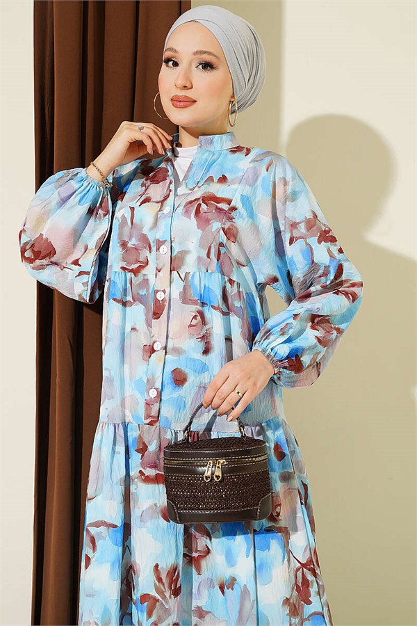 Half-Button Elasticated Ankle Dress Blue