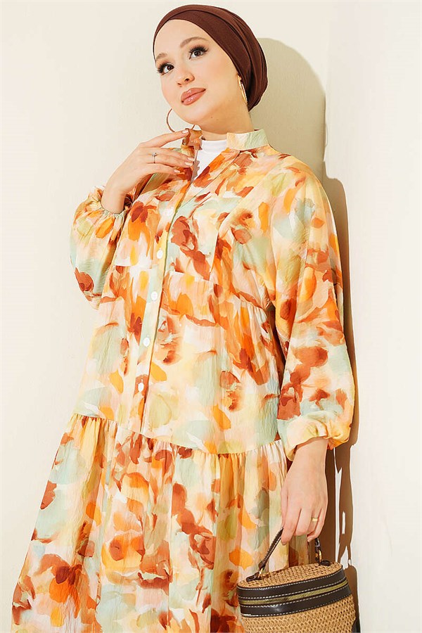 Half-Button Elasticated Ankle Dress, Tan