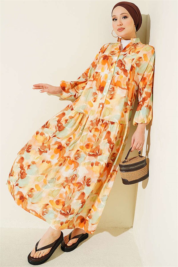 Half-Button Elasticated Ankle Dress, Tan