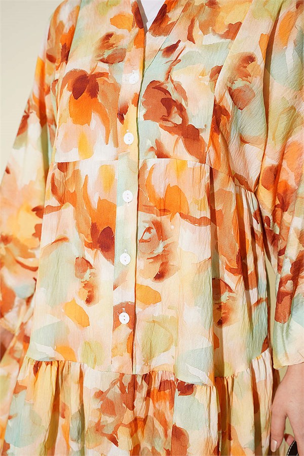Half-Button Elasticated Ankle Dress, Tan