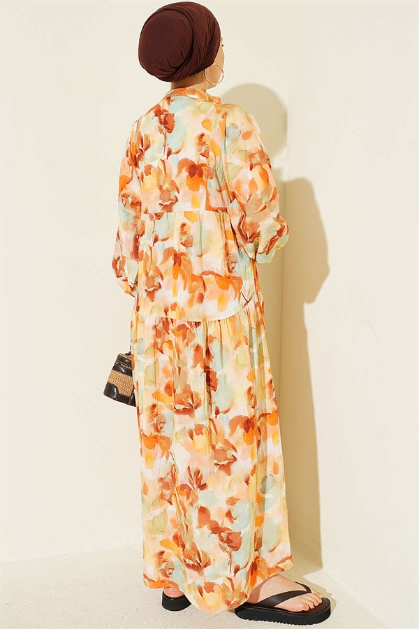 Half-Button Elasticated Ankle Dress, Tan