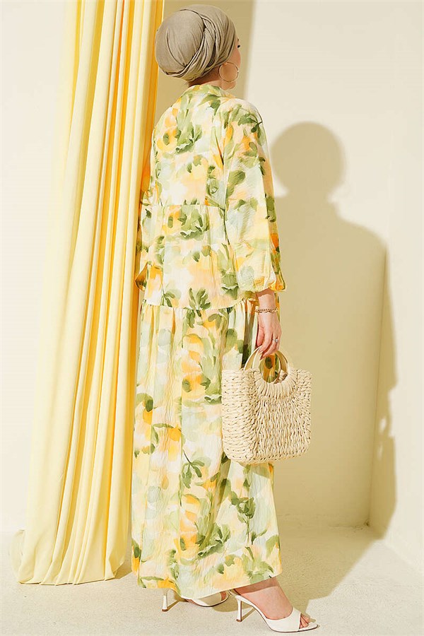 Half-Button Elasticated Ankle Dress Green