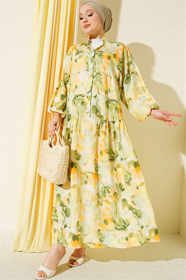Half-Button Elasticated Ankle Dress Green