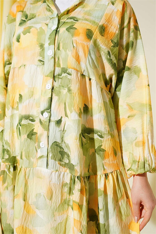 Half-Button Elasticated Ankle Dress Green