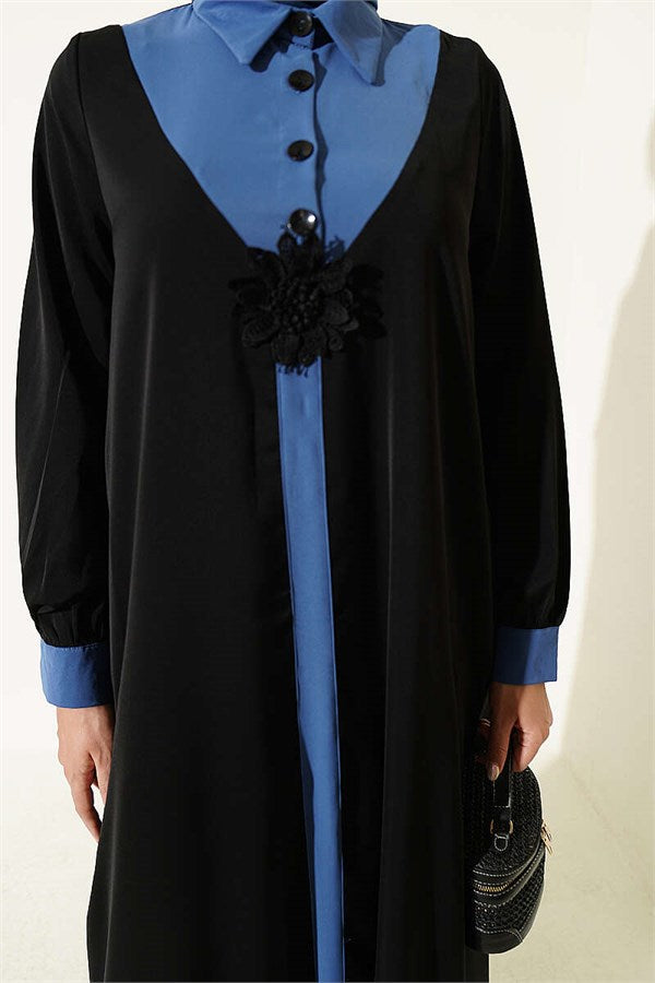 Half-Button Dress with Floral Detail, Blue