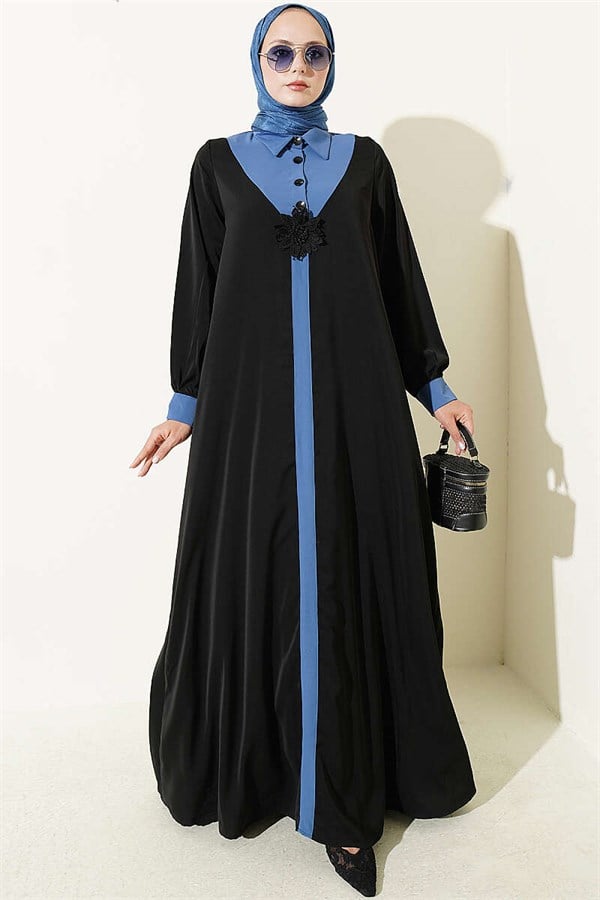 Half-Button Dress with Floral Detail, Blue