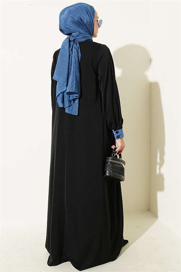 Half-Button Dress with Floral Detail, Blue