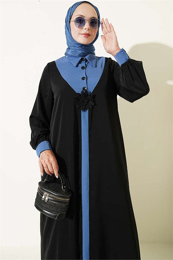 Half-Button Dress with Floral Detail, Blue