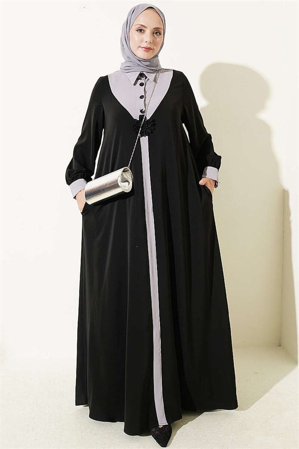 Half-Button Dress with Floral Detail, Black