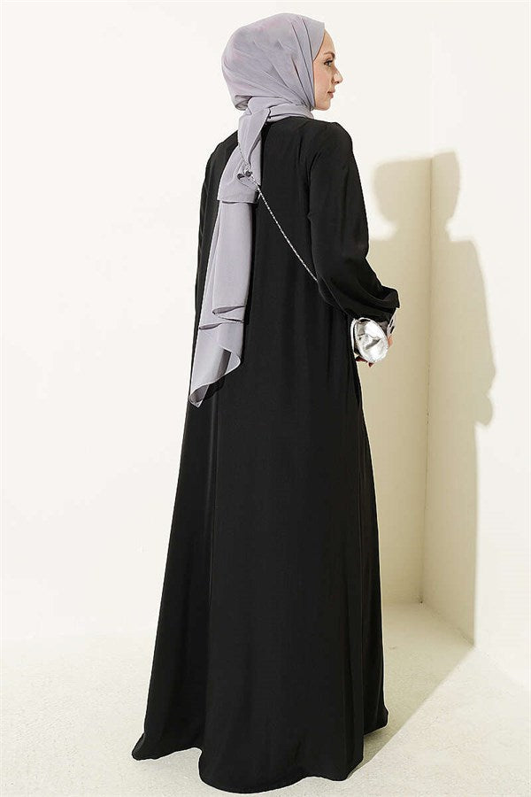 Half-Button Dress with Floral Detail, Black