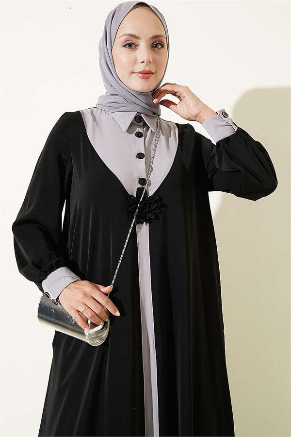 Half-Button Dress with Floral Detail, Black