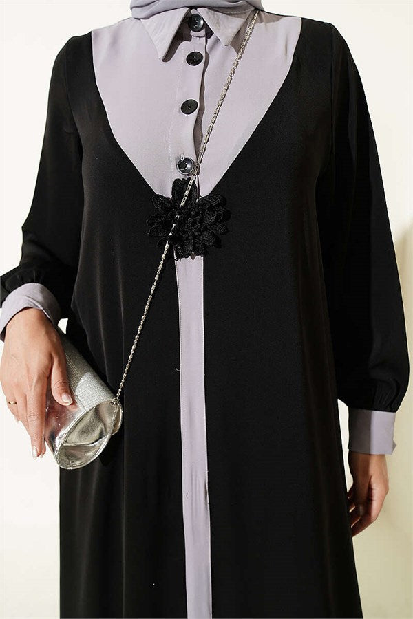 Half-Button Dress with Floral Detail, Black