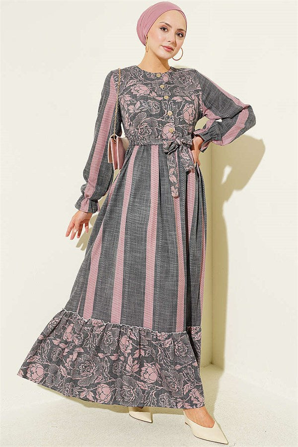 Half-Buttoned Dress with Floral Trim, Smoke Grey