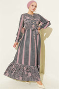 Half-Buttoned Dress with Floral Trim, Smoke Grey